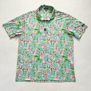 Bad Birdie Men Teal Hibiscus Floral Print Performance Stretch Golf Polo Shirt XL